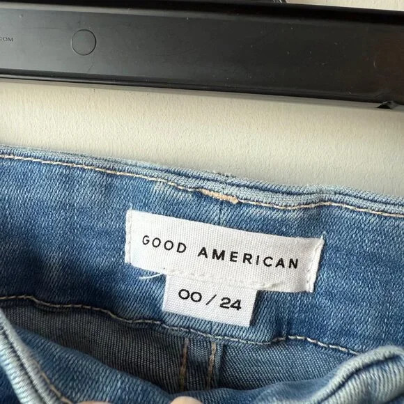 Good American Good Waist Skinny High Rise Jeans Size‎ 00 / 24 Blue Ripped Knee